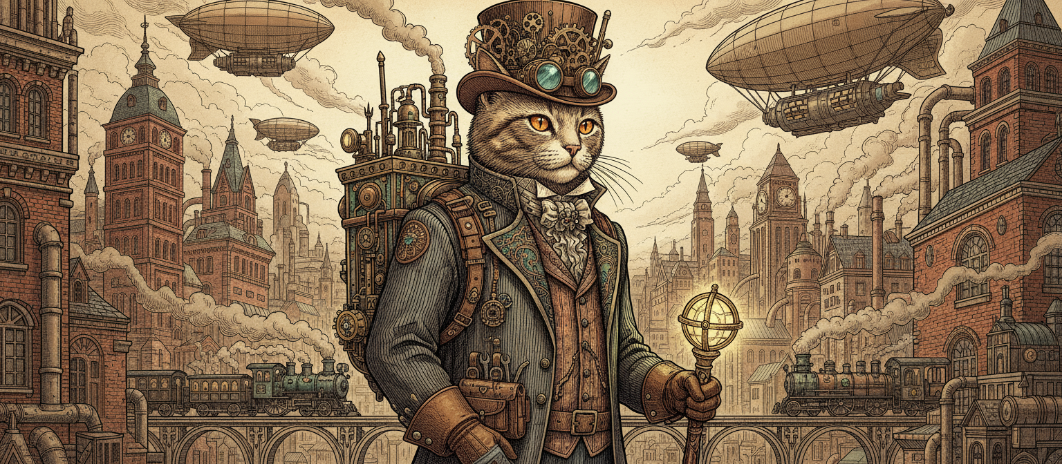 빅토리아 시대 스팀펑크 의상을 입고 복잡한 장비와 톱니바퀴로 장식된 세련된 고양이 일러스트.