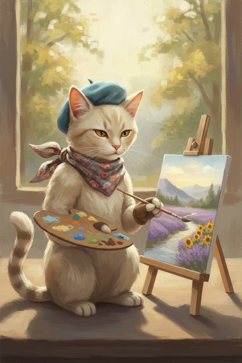 베레모를 쓰고 작은 이젤에 풍경화를 그리는 예술적인 고양이 일러스트.