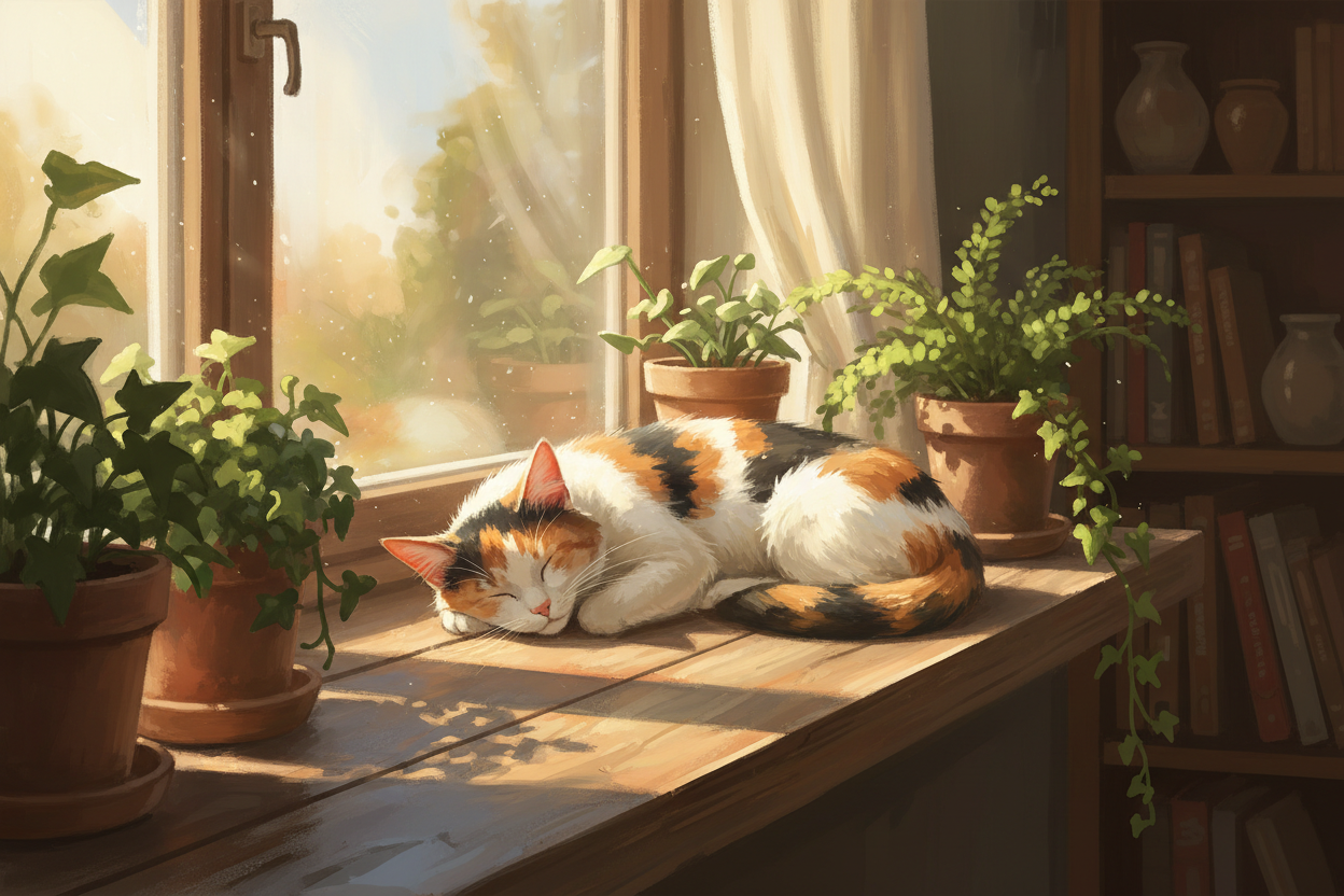 햇볕이 잘 드는 창턱에서 평화롭게 낮잠을 자는 얼룩 고양이의 디지털 페인팅 일러스트입니다.