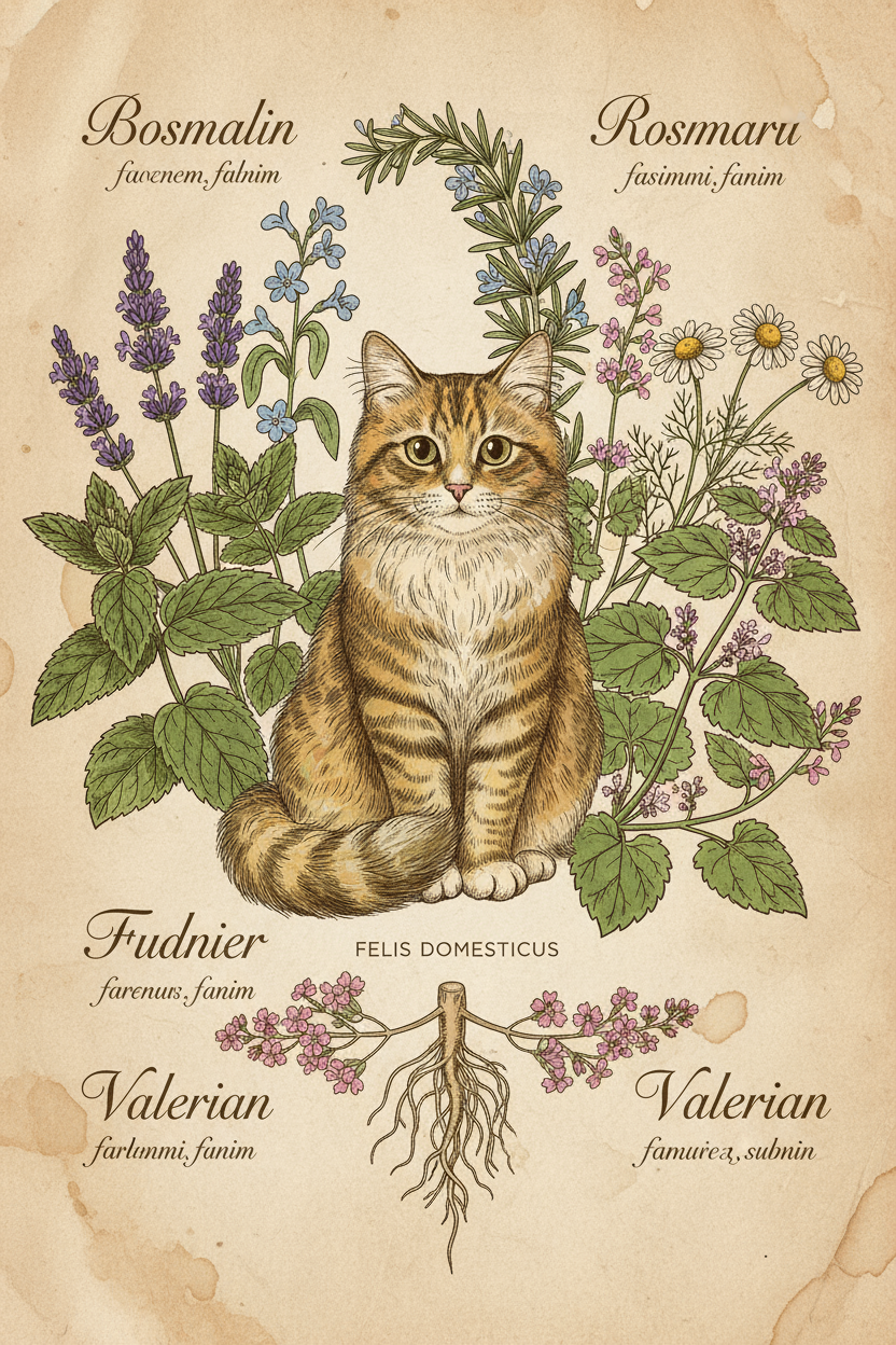 다양한 꽃 피는 식물에 둘러싸인 고양이의 세밀하고 빈티지한 식물학적 일러스트입니다.
