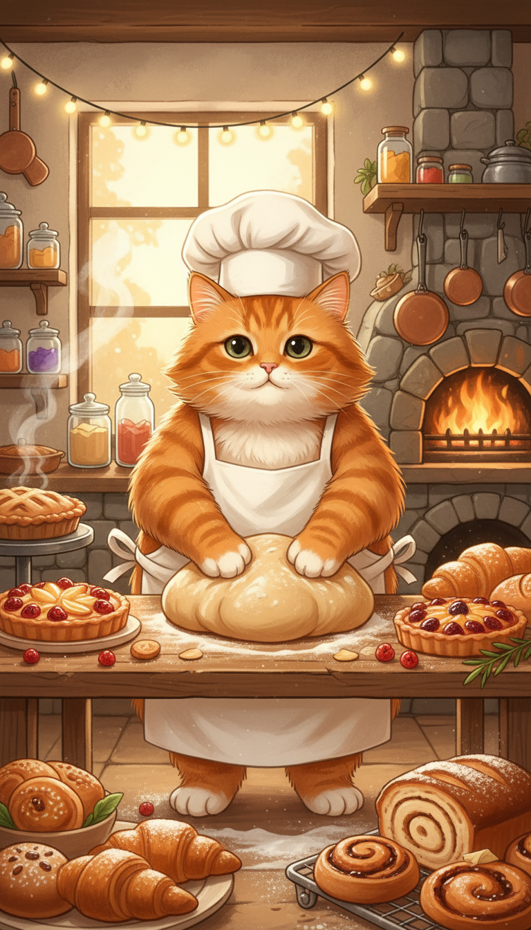 요리사 모자를 쓰고 앞치마를 두른 고양이가 따뜻한 빵집 주방에서 반죽을 빚는 아늑한 일러스트.