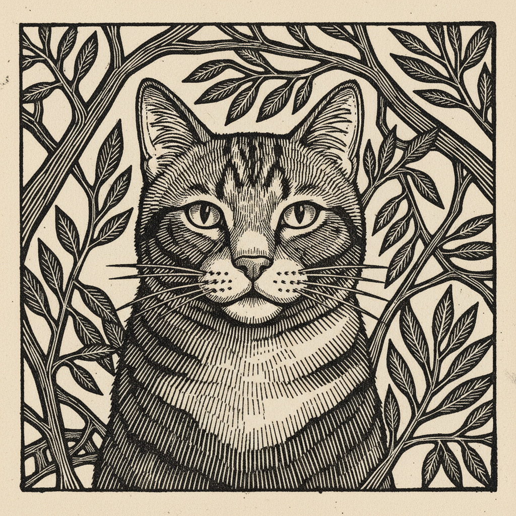 관찰자를 응시하는 금욕적인 고양이의 질감 있는 리노컷 판화 일러스트.