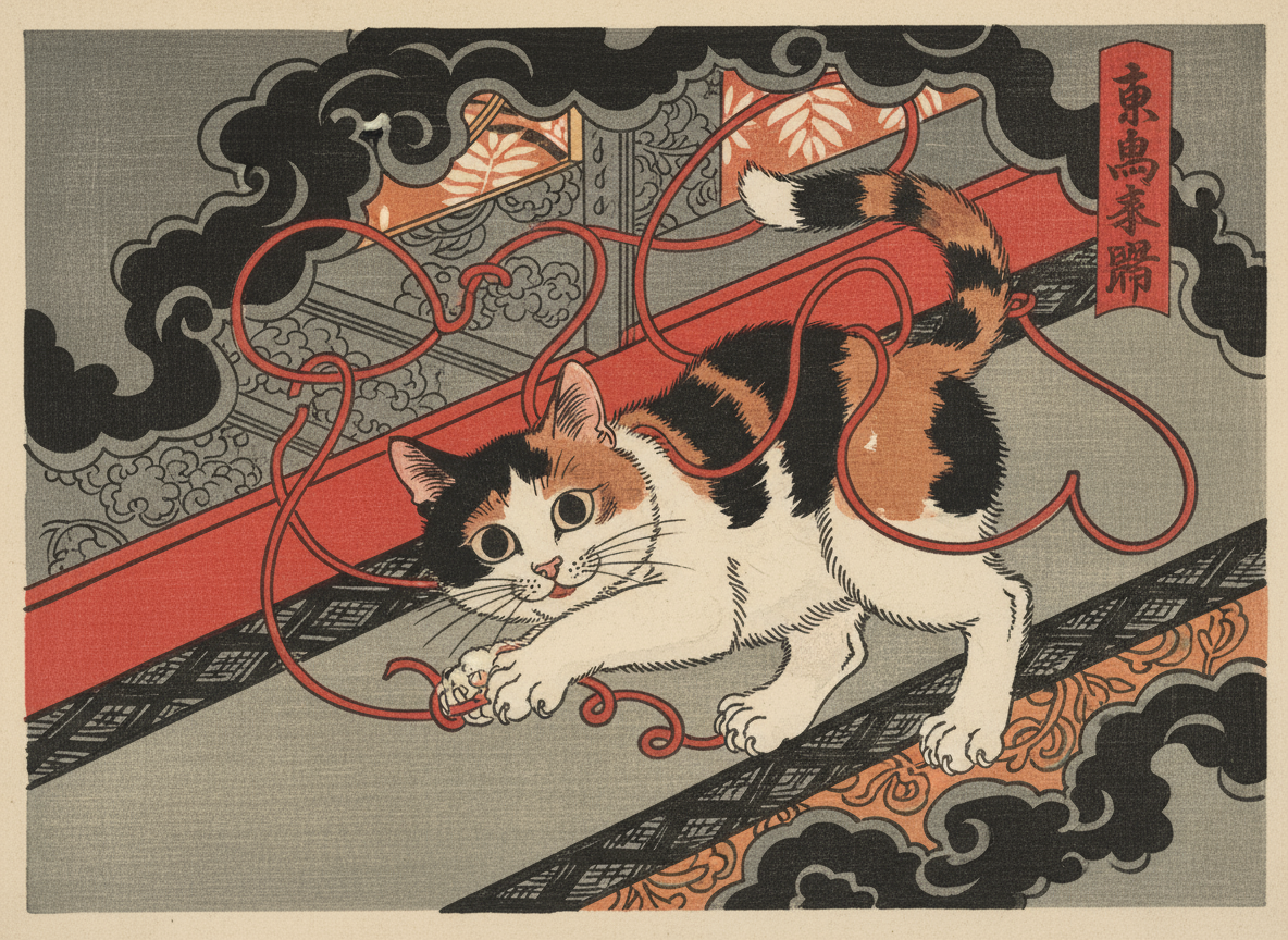 붉은 실을 가지고 노는 삼색 고양이의 일본 우키요에 스타일 일러스트, 전통 목판화 질감.