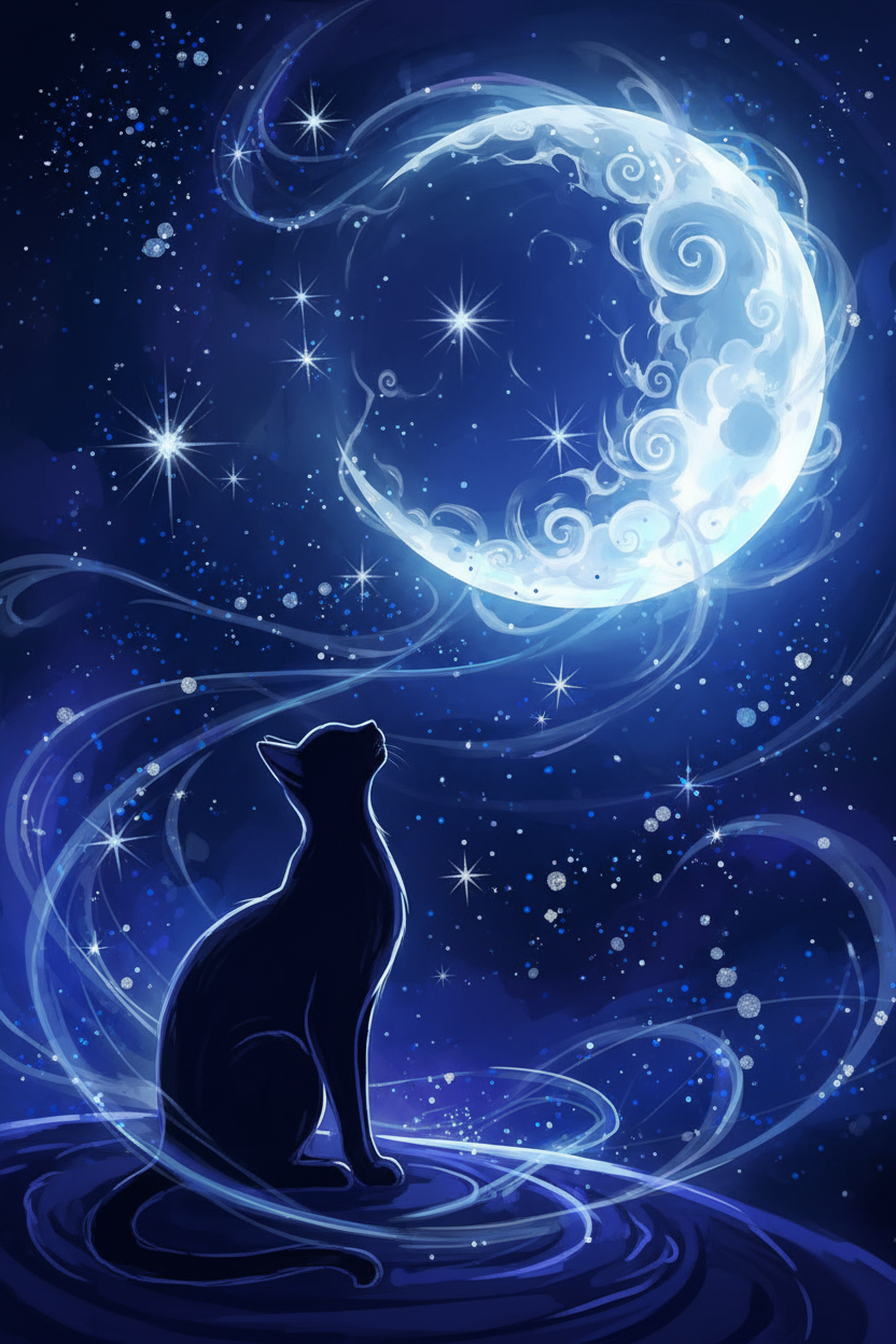 환상적인 달을 바라보는 고양이의 실루엣 일러스트, 별이 빛나는 밤하늘 배경.