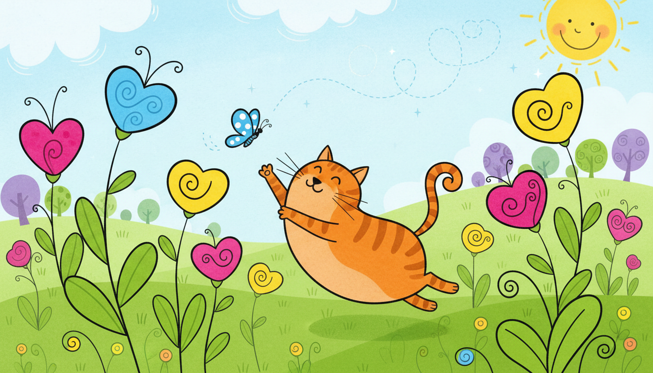 커다란 꽃밭에서 나비를 쫓는 장난기 많은 고양이의 아동 도서 일러스트.