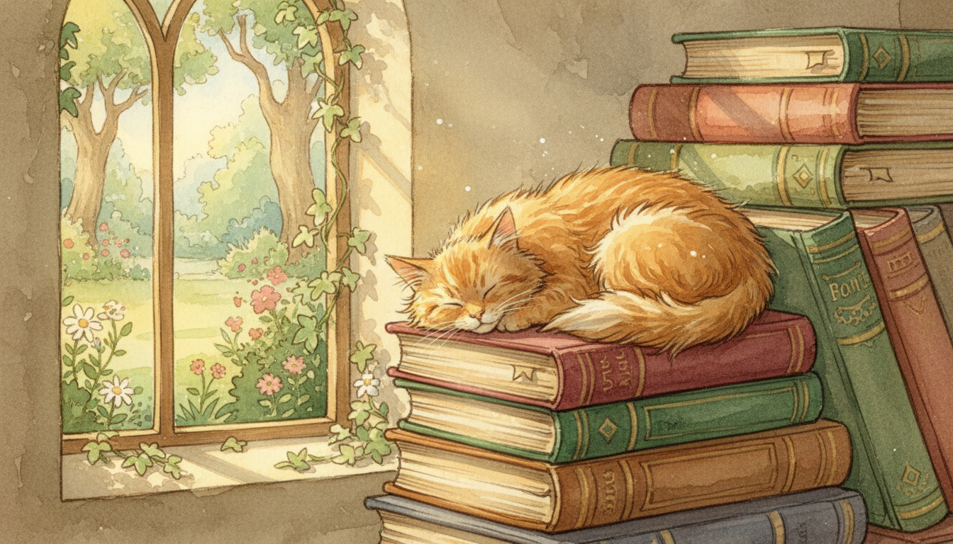 폭신한 생강색 고양이가 책 더미 위에서 평화롭게 자고 있는 수채화 일러스트.