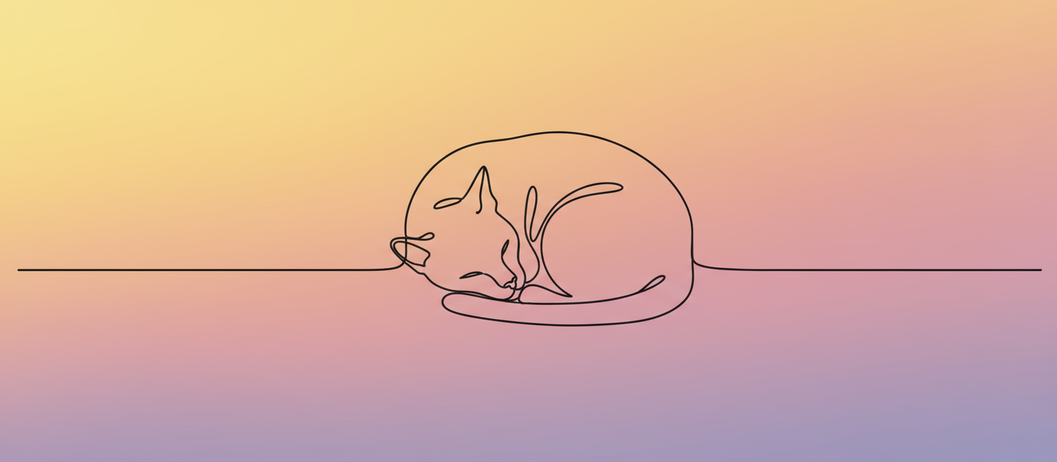 일출 색상의 배경이 있는 잠자는 고양이의 미니멀리스트 연속 선화 일러스트.