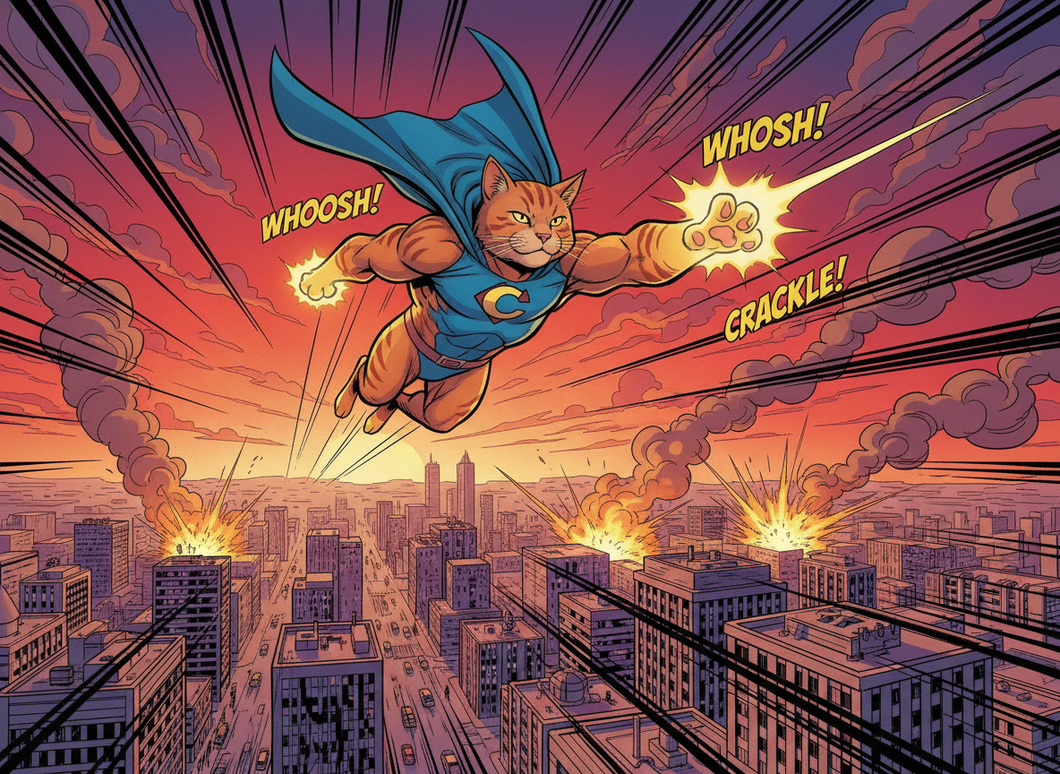 활기찬 도시 위를 날아다니는 슈퍼히어로 고양이의 그래픽 노블 스타일 일러스트.
