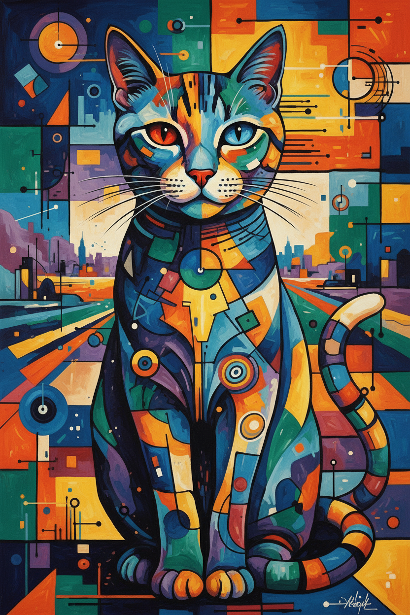 과감한 기하학적 형태와 생생한 색상으로 큐비즘 또는 추상 미술 스타일로 렌더링된 고양이 일러스트.