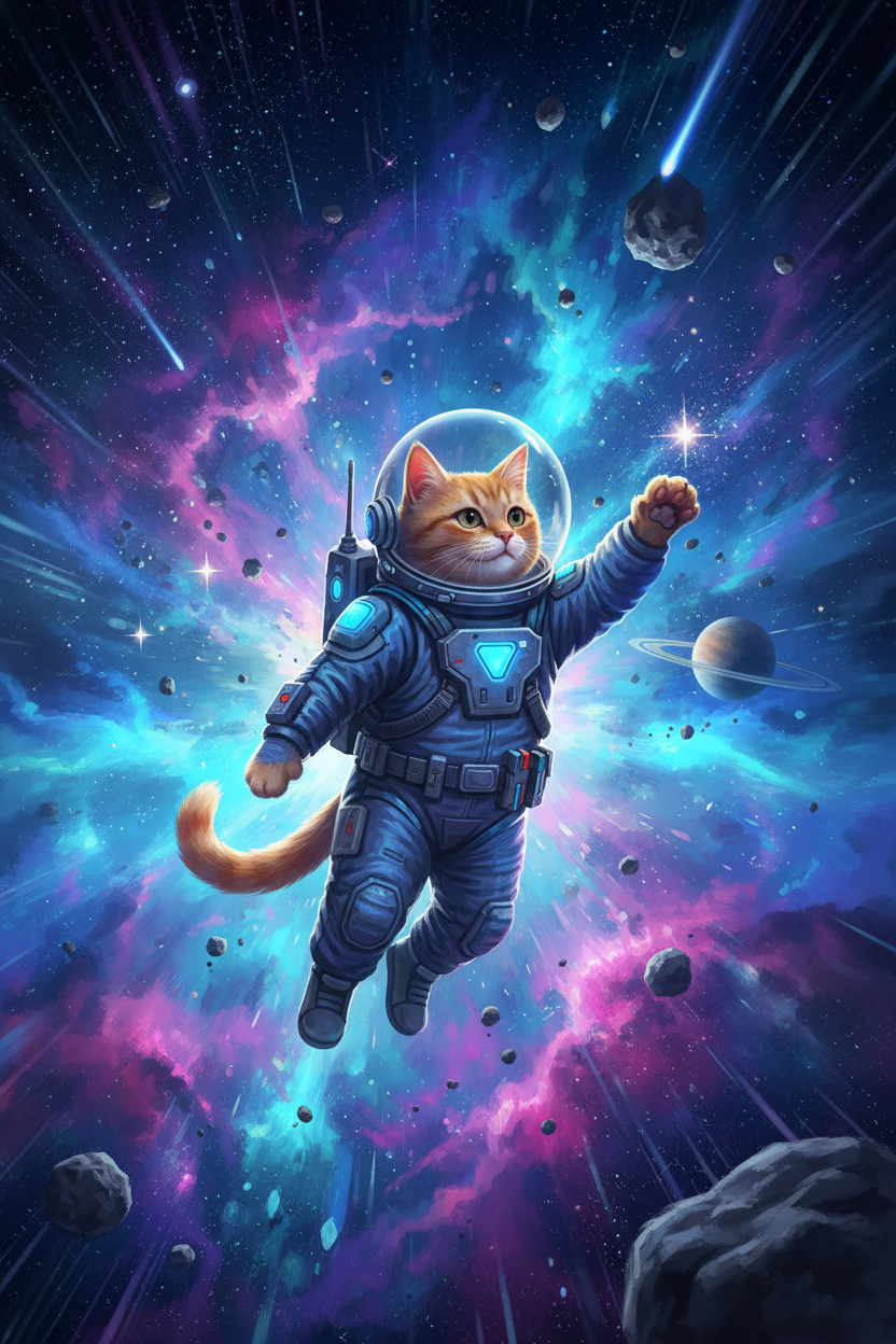 작은 우주복을 입은 고양이가 별과 성운 사이를 떠다니는 우주 탐험가 고양이 일러스트.