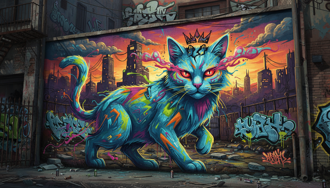 그래피티 요소가 있는 스타일리쉬한 고양이의 대담한 길거리 예술 벽화 일러스트.