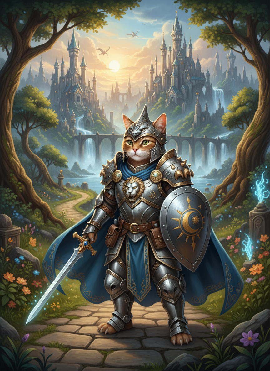 작은 칼과 방패를 든 정교한 판타지 갑옷을 입은 용감한 고양이 일러스트, 고품격 판타지 아트.