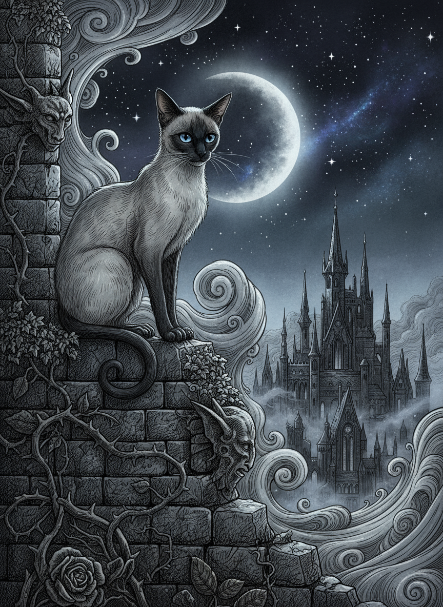 달빛 비치는 성벽 위에 앉아 있는 신비로운 샴고양이의 고딕 스타일 일러스트, 소용돌이치는 안개와 반짝이는 별들에 둘러싸여 있다.