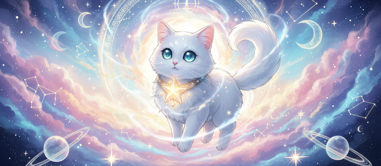 별 모양 목걸이를 한 하얀 고양이의 마법소녀 애니메이션 스타일 일러스트입니다. 주위에 별이 빛납니다.