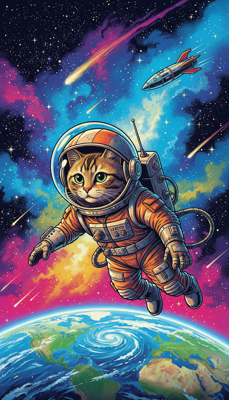 지구를 바라보며 우주에 떠 있는 우주 비행사 고양이의 레트로 SF 일러스트레이션입니다.