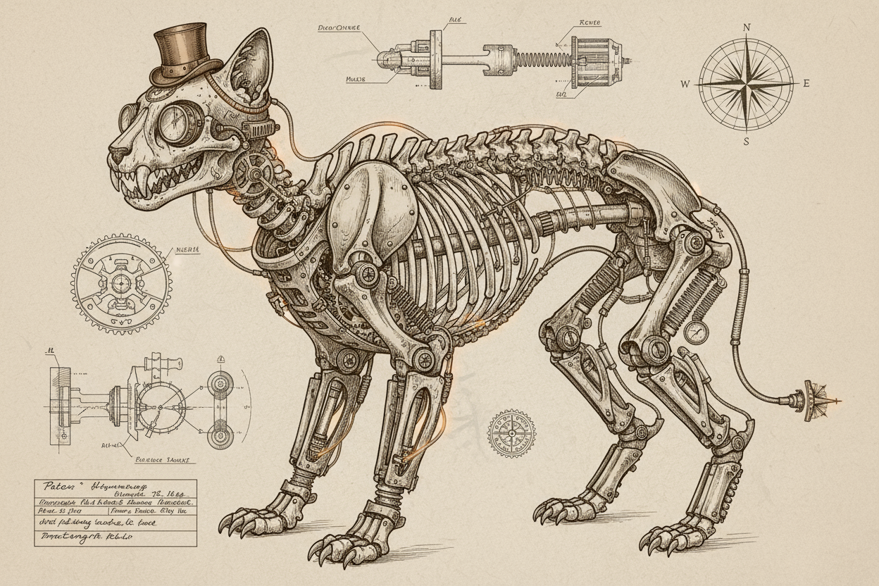 기계 부품을 가진 고양이의 골격에 대한 섬세한 기술 드로잉 일러스트, 스팀펑크 미학.