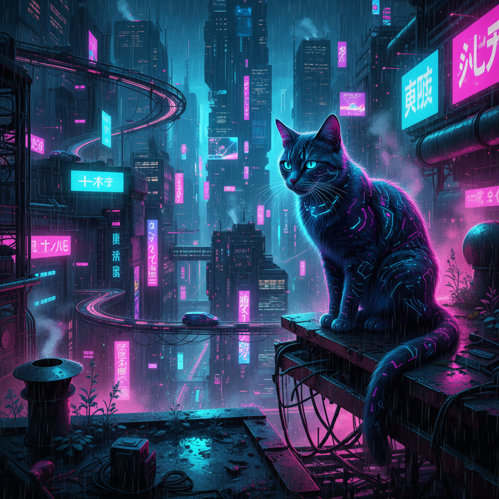 비 내리는 미래 도시를 내려다보는 네온 불빛이 비치는 옥상에 앉아있는 사이버펑크 고양이 일러스트입니다.