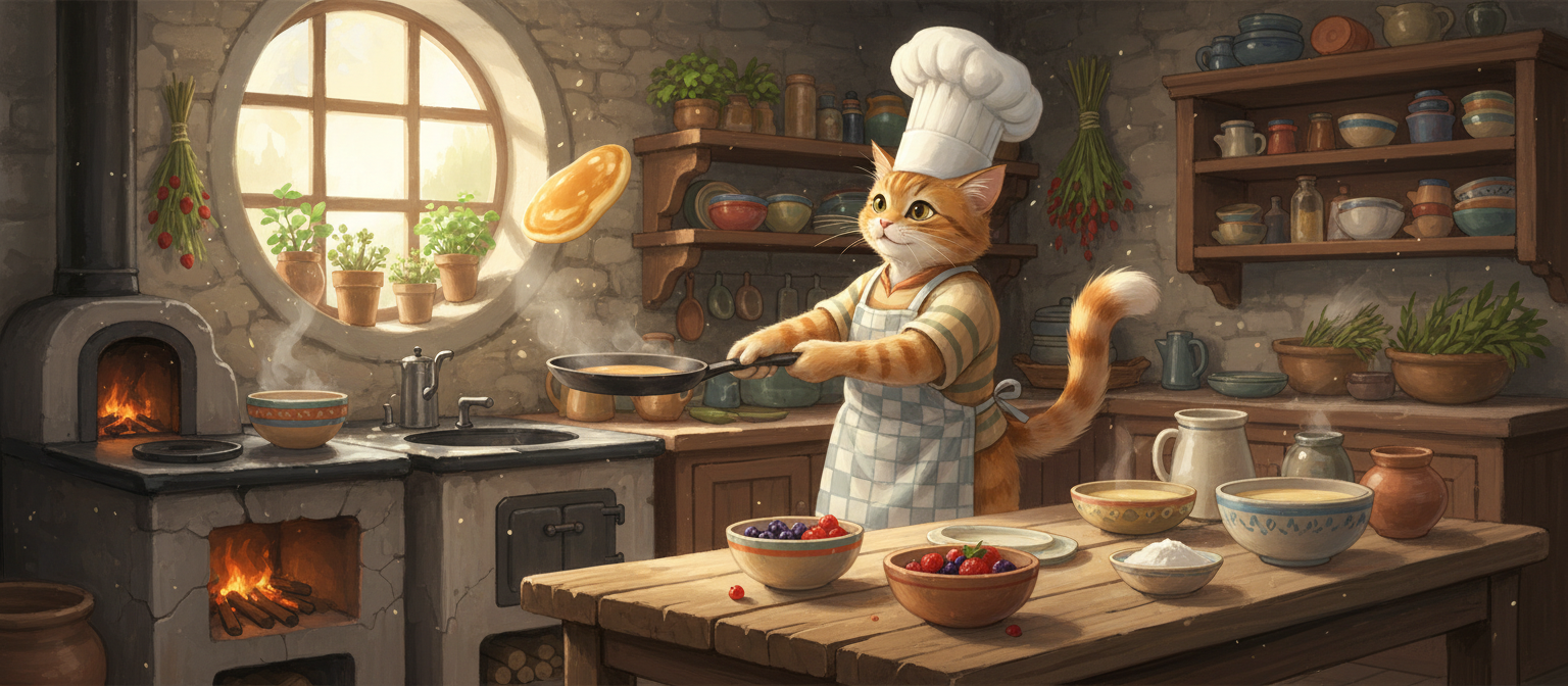 요리사 모자를 쓴 의인화된 고양이 셰프가 아늑한 주방에서 팬케이크를 뒤집는 일러스트.