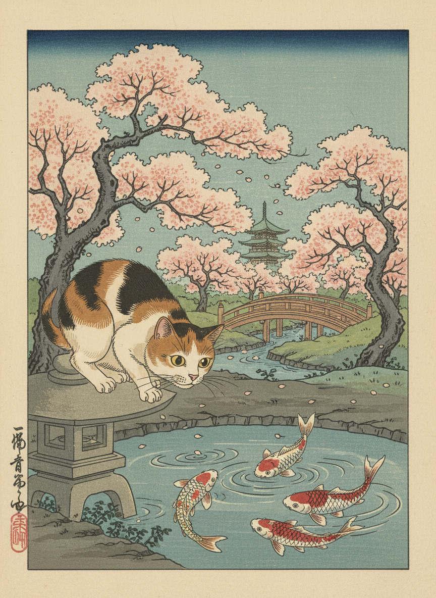 연못의 잉어를 관찰하는 고양이의 일본 우키요에 목판화 스타일 일러스트레이션입니다.