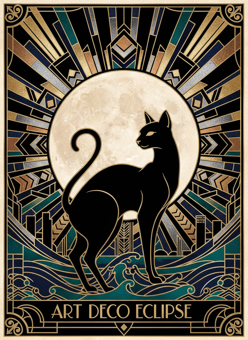 보름달을 배경으로 실루엣 처리된 매끄러운 검은 고양이의 세련된 아르데코 일러스트.
