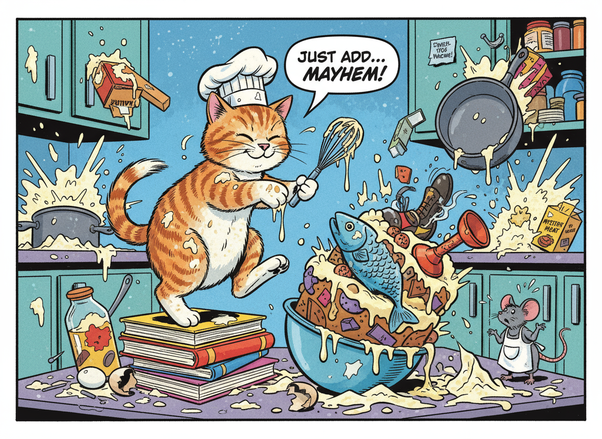 작은 요리사 모자를 쓰고 지저분한 부엌에서 케이크를 구하려고 하는 개구쟁이 태비 고양이의 유머러스한 일러스트.