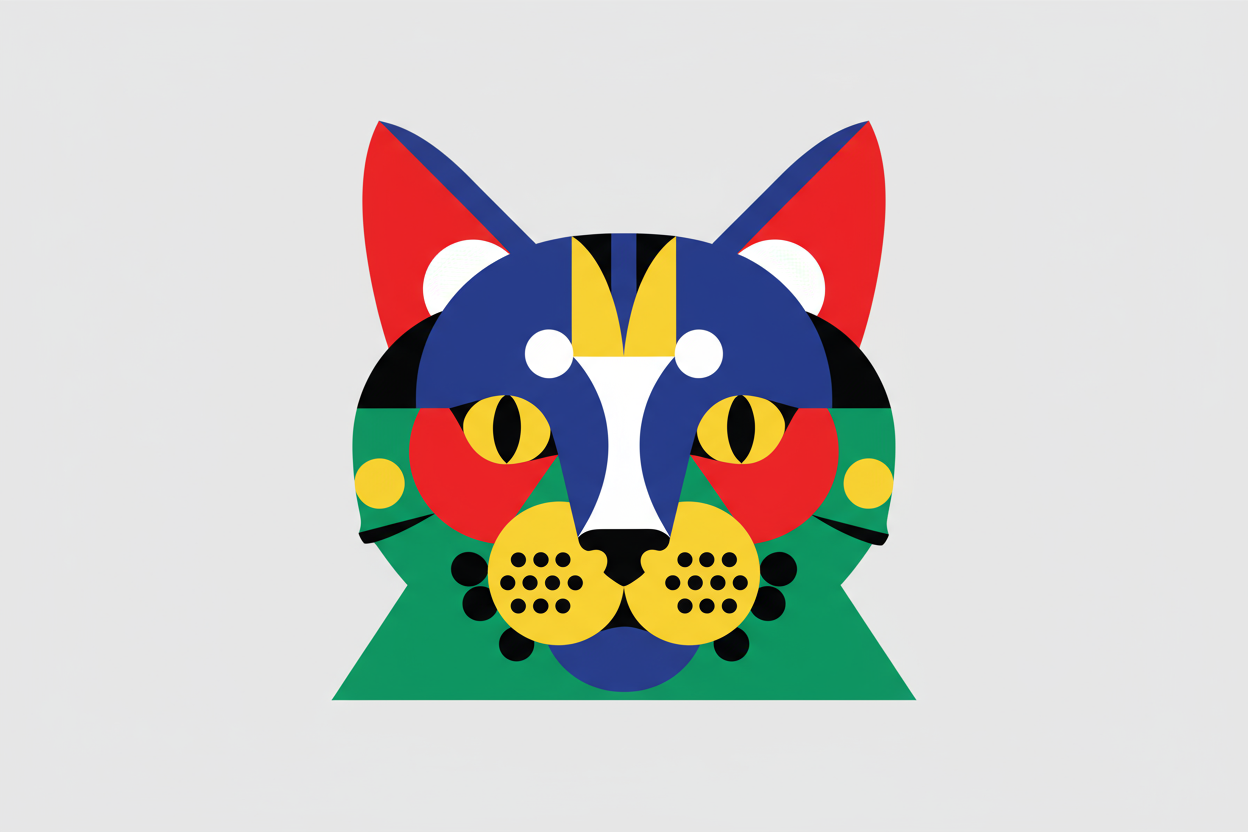 삼각형과 원으로 구성된 고양이 얼굴의 추상적인 기하학적 일러스트.