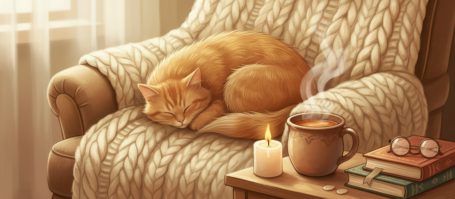 따뜻한 차와 촛불 옆 니트 담요에 몸을 웅크린 고양이의 아늑한 휘게 스타일 일러스트.