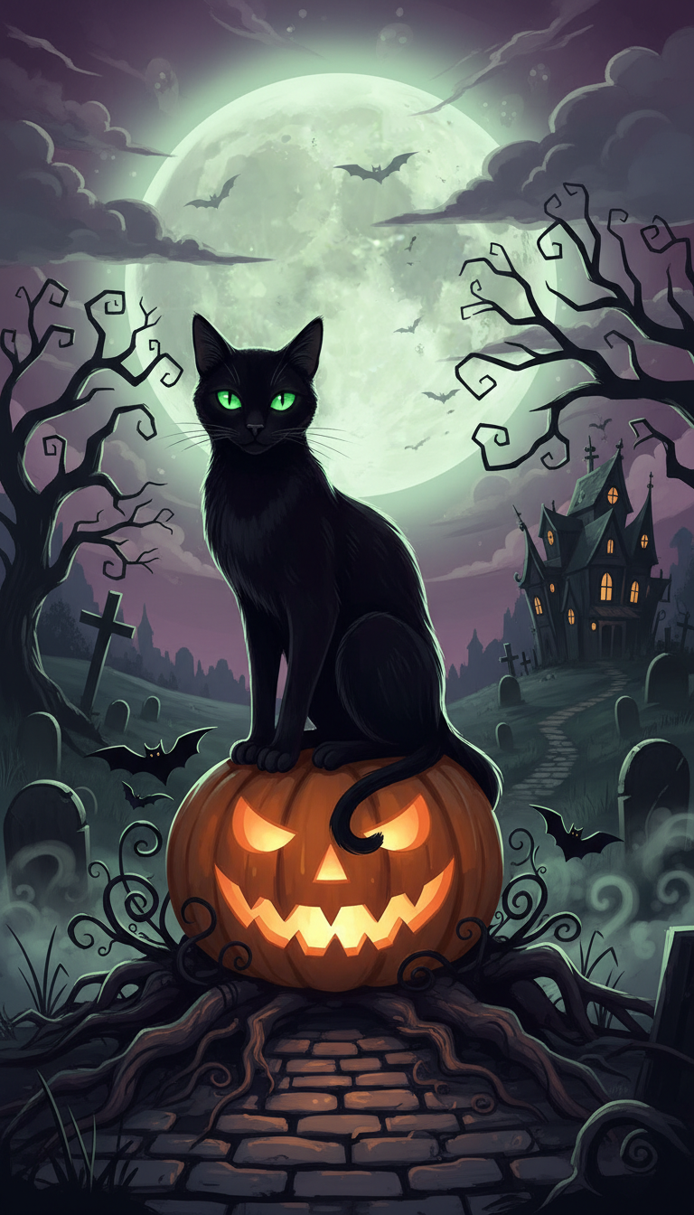 으스스한 보름달 아래 호박 위에 앉아 빛나는 녹색 눈을 가진 검은 고양이의 할로윈 일러스트.