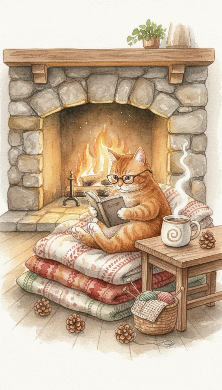 벽난로 옆에서 작은 책을 읽고 있는 아늑한 고양이의 수채화 일러스트입니다.