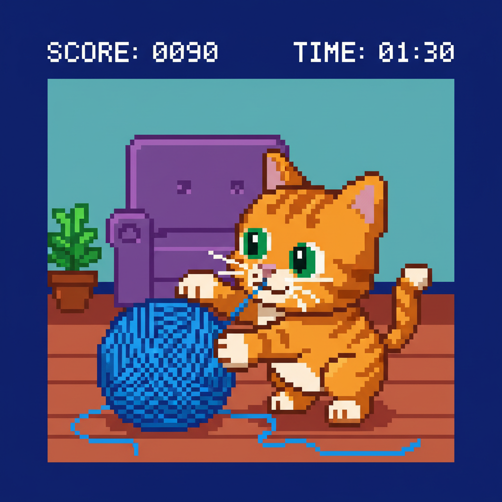 실뭉치를 가지고 노는 작은 고양이의 픽셀 아트 일러스트.