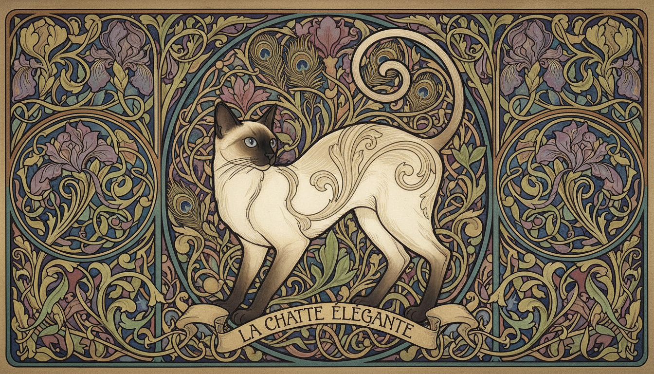 우아한 장식 패턴과 자연 요소 사이에서 포즈를 취하는 샴고양이의 아르누보 스타일 일러스트.