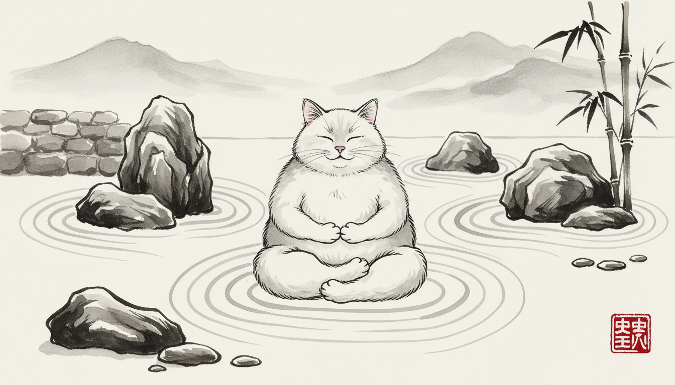 미니멀한 일본식 선 정원에서 명상하는 평화로운 고양이 일러스트, 수묵화풍.
