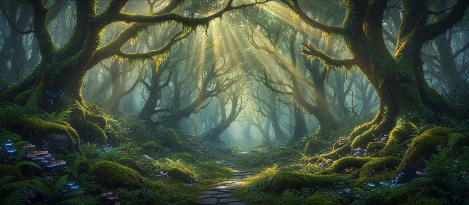 신비로운 아침 안개에 싸인 울창한 고대 숲의 마법 같은 고화질 배경화면, 캐노피를 뚫고 들어오는 햇살이 특징.