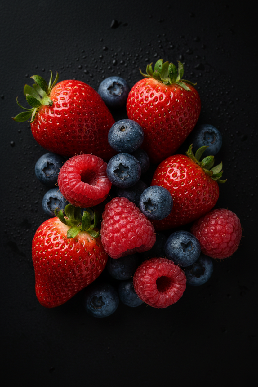 신선하고 잘 익은 다채로운 베리류(딸기, 블루베리, 라즈베리)가 섬세하게 배열된 초고화질 배경화면, 이슬방울과 검은 배경이 특징.