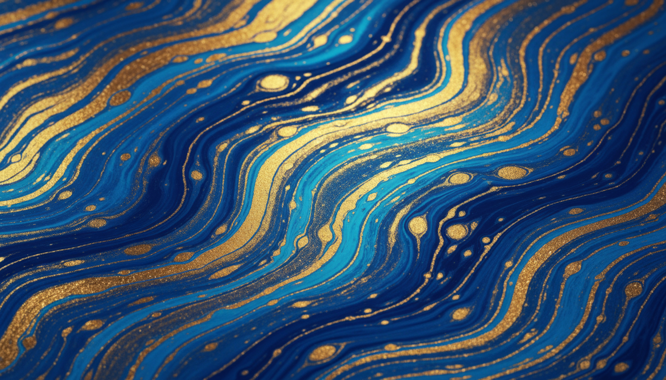 역동적인 파란색과 금색 액체 대리석 소용돌이가 유광 질감으로 표현된 추상적인 예술 배경화면.
