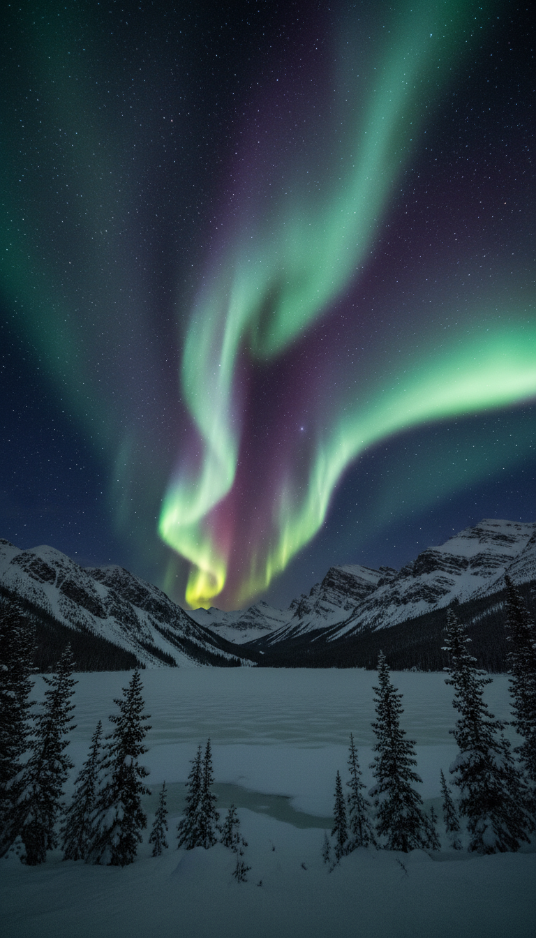 별이 빛나는 밤하늘 아래 고요한 설원 위로 춤추는 아름다운 오로라, 북극광 배경화면.