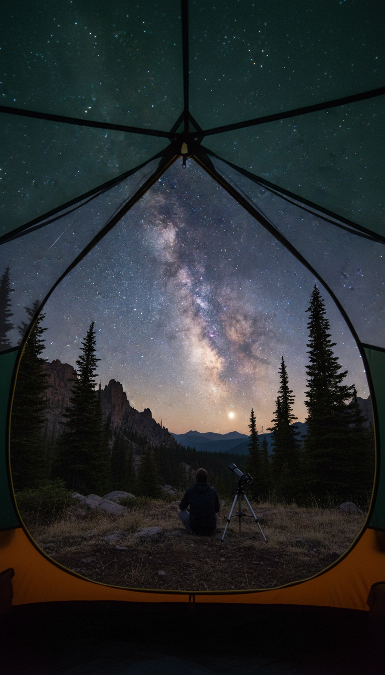 국립공원 텐트에서 별을 바라보는 고요한 풍경, 눈부신 밤하늘 아래 나무들의 실루엣이 평온하고 감동적인 모험 배경화면.