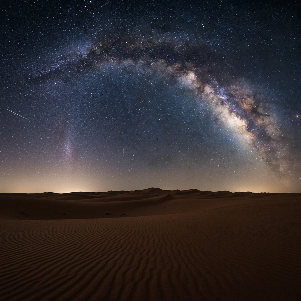 은하수가 선명하게 보이는 광활한 사막의 맑은 별이 빛나는 밤하늘.
