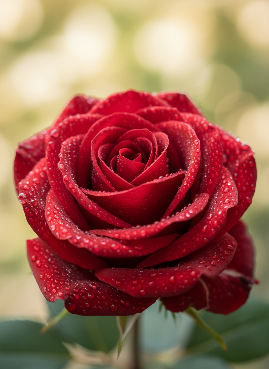 완벽한 꽃잎과 부드러운 확산광, 크리미한 보케 배경을 가진 생기 넘치는 이슬 맺힌 장미 한 송이의 정교한 고화질 매크로 배경화면.