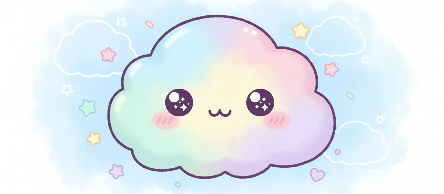크고 순진한 눈과 볼에 홍조를 띤 귀여운 카와이 스타일 구름 일러스트레이션, 명랑한 파스텔 색상.