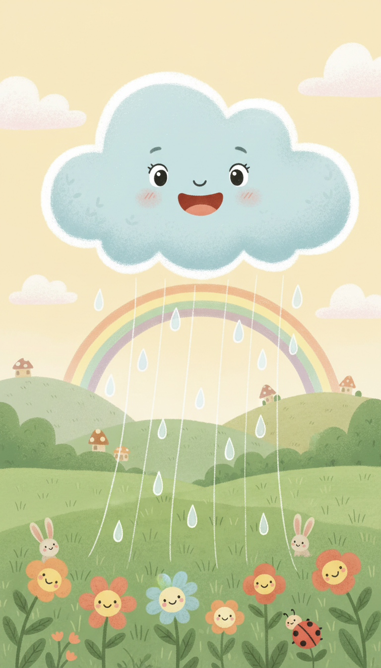 푸른 들판에 부드럽게 비를 뿌리는 친근한 비구름을 묘사한 어린이 그림책 일러스트레이션.