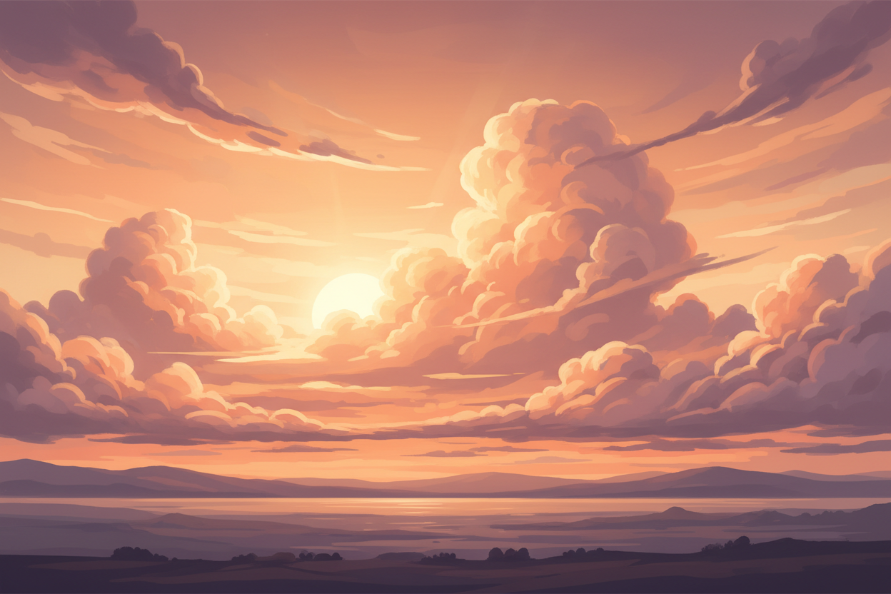 주황색, 분홍색, 노란색의 따뜻한 팔레트와 겹겹이 쌓인 역동적인 형태를 가진 일몰 구름 일러스트레이션, 평화롭고 아름답습니다.