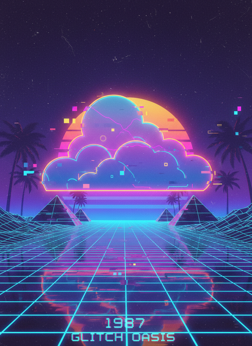 네온 윤곽선과 글리치 효과가 있는 베이퍼웨이브 미학 구름 일러스트.