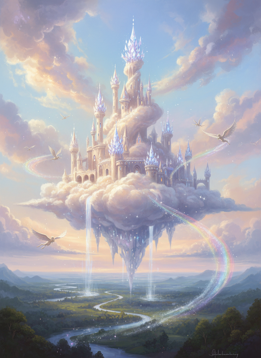 하늘에 떠 있는 빛나는 구름 성의 마법 판타지 일러스트.