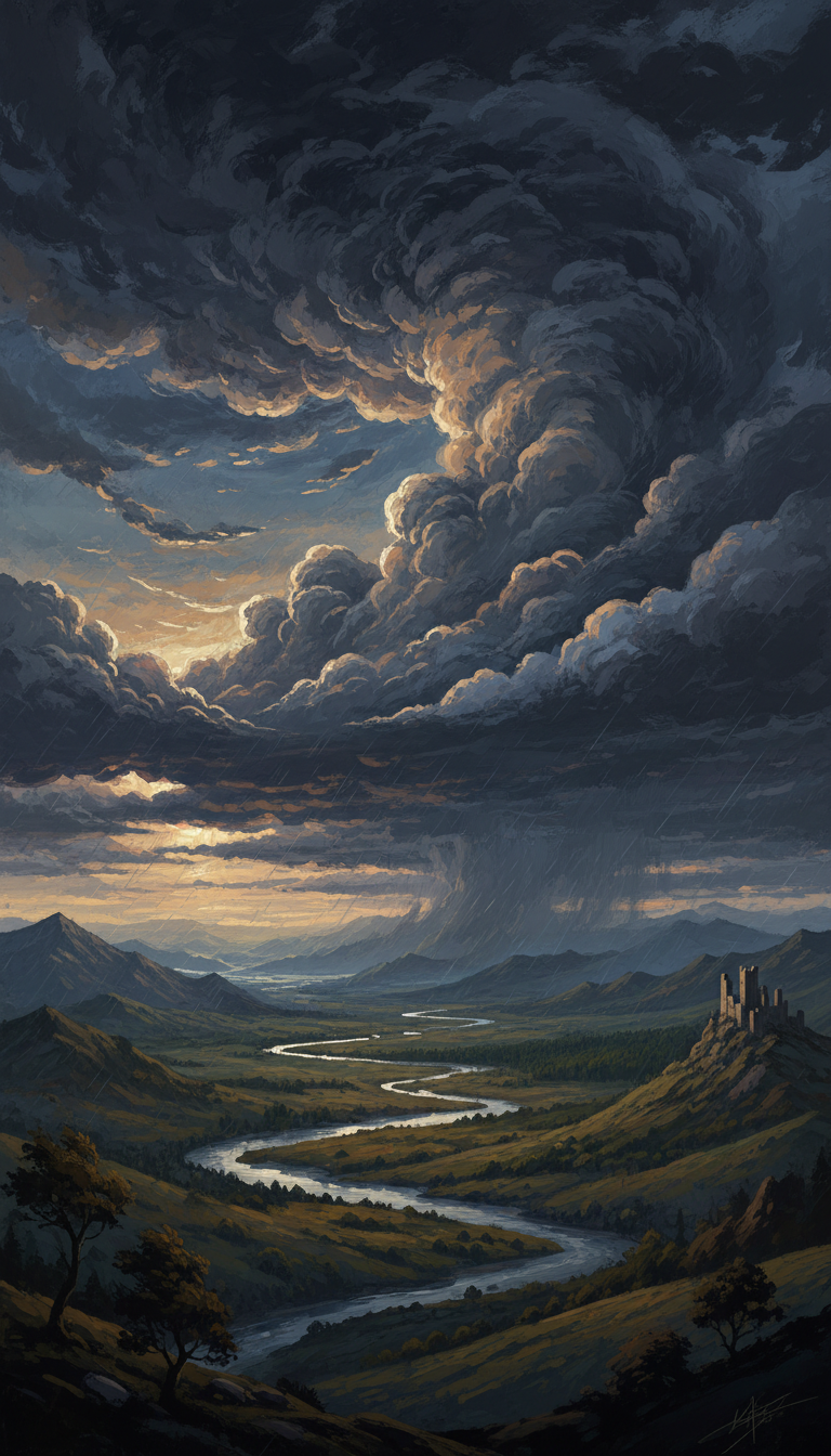 넓은 풍경 위로 드라마틱한 먹구름이 형성되는 모습을 담은 과슈 일러스트레이션으로, 우울한 분위기를 연출합니다.