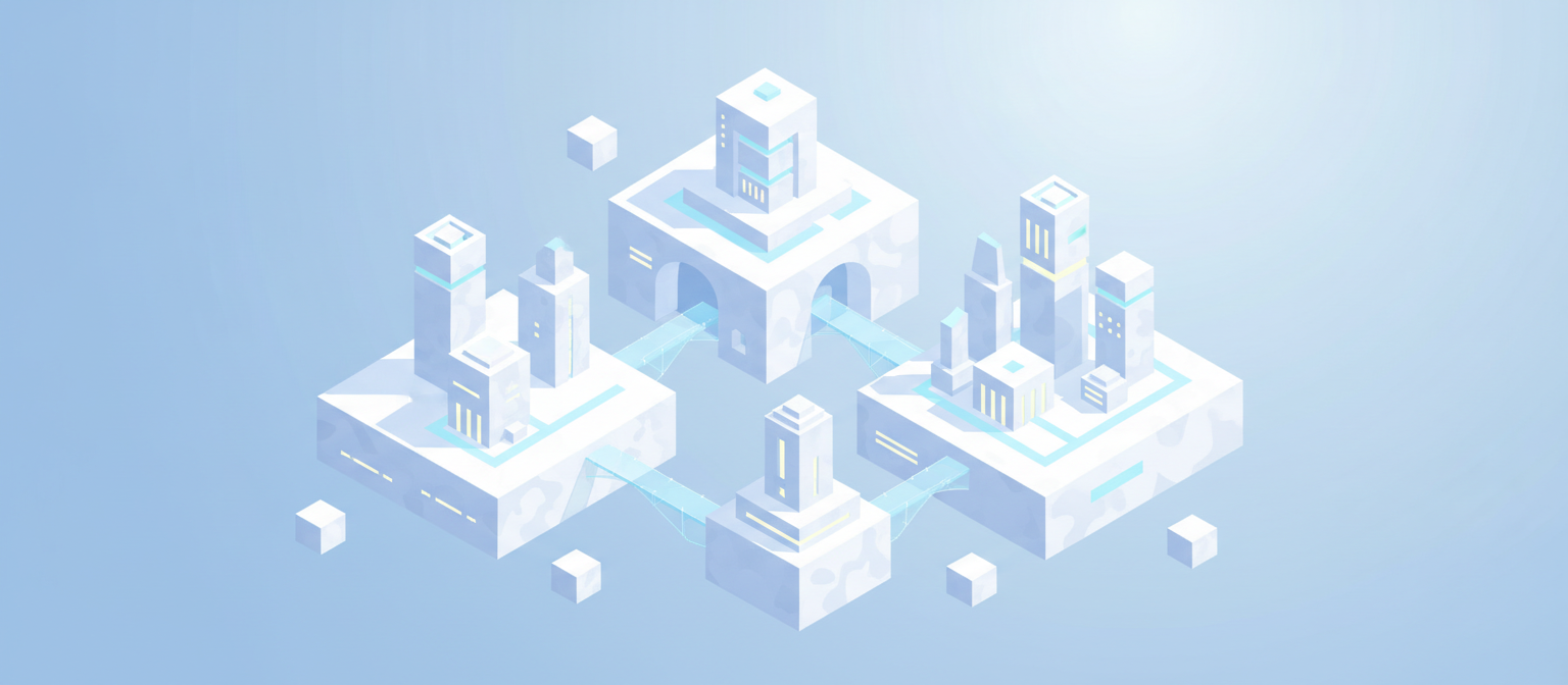 정육면체 모양의 아이소메트릭 구름 일러스트레이션, 건축 양식, 3D 효과, 밝고 깨끗함.