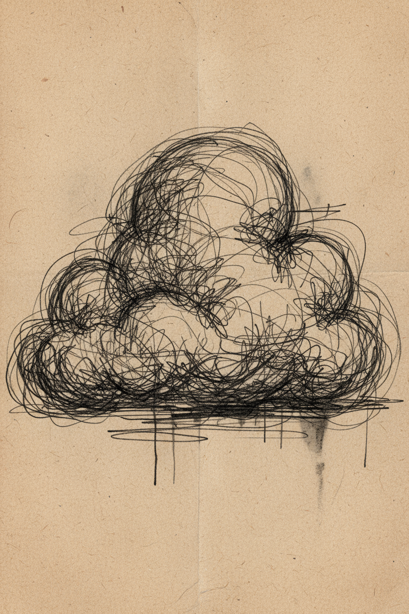 빠르고 겹치는 선과 혼란스러우면서도 예술적인 모습이 특징인 낙서 구름 일러스트.