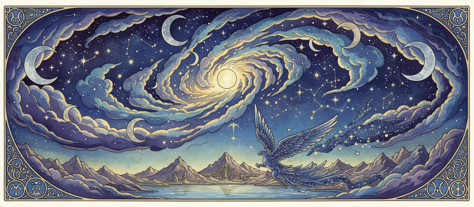 별, 달, 별자리와 엮인 천상의 구름 일러스트 (밤하늘 장면).