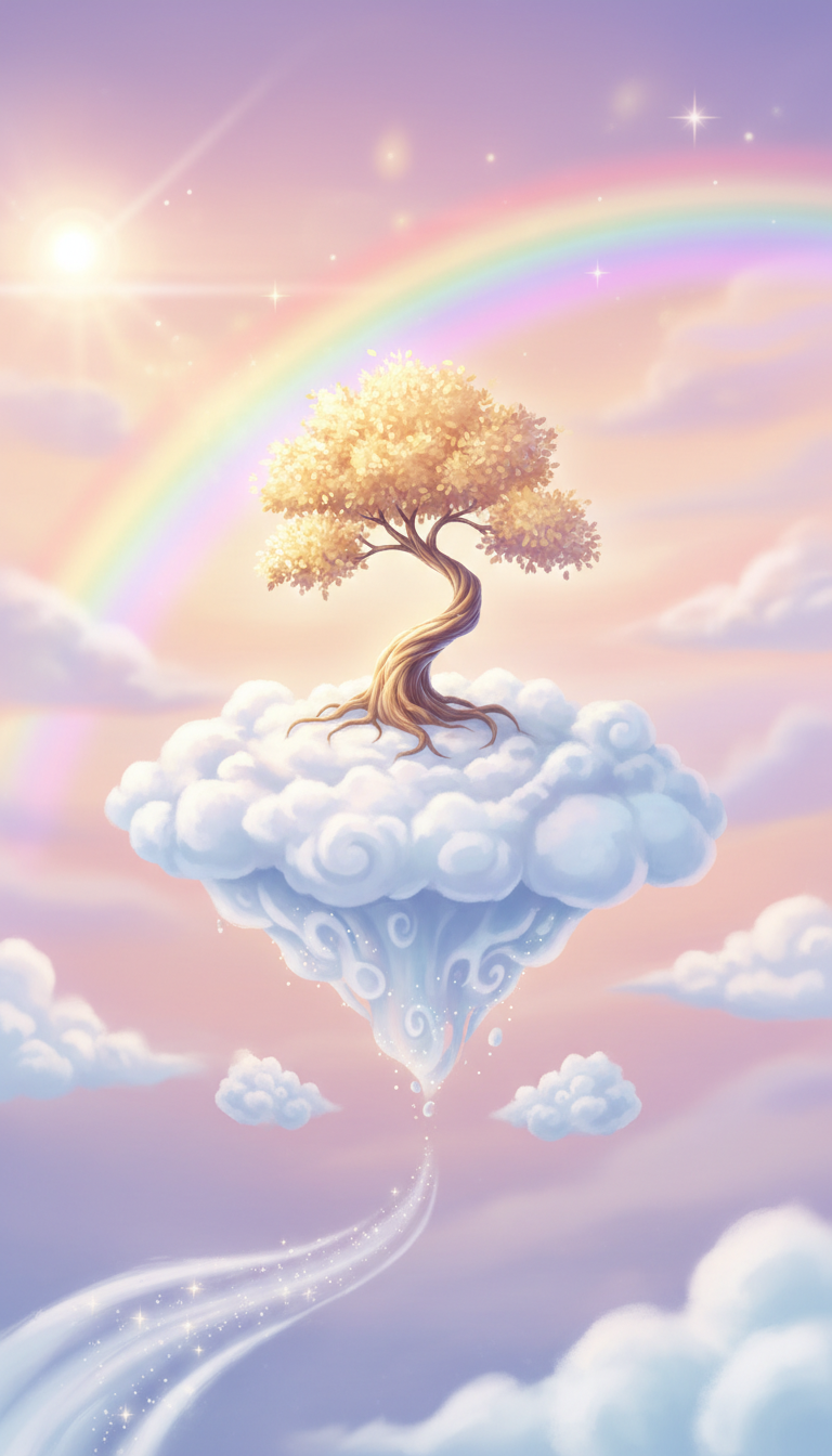 작은 나무가 있는 구름으로 만들어진 작은 떠다니는 섬 일러스트레이션, 동화 콘셉트 아트.