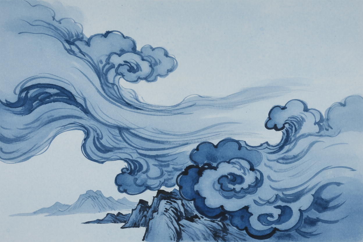 단색 파란색 수묵화 스타일 구름 일러스트레이션, 표현력 있는 붓놀림, 전통 아시아 예술 느낌.